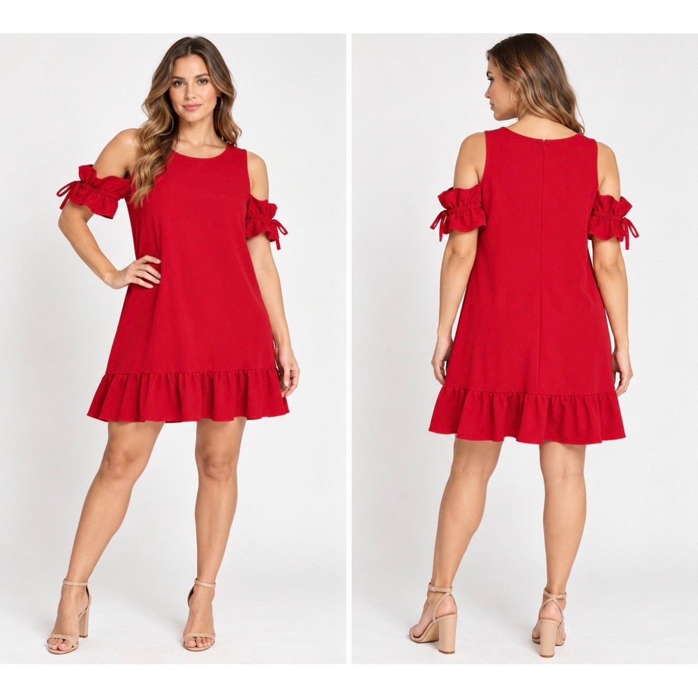 Betsey Johnson Red Cold Shoulder Ruffle Hem Shift Dress Size 6 Smocked Sleeve